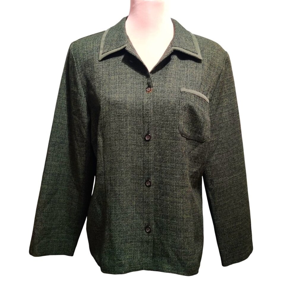 Sag Harbor L Womens Blazer Green Vintage Textured Suit Jacket Contrast Trim Chic